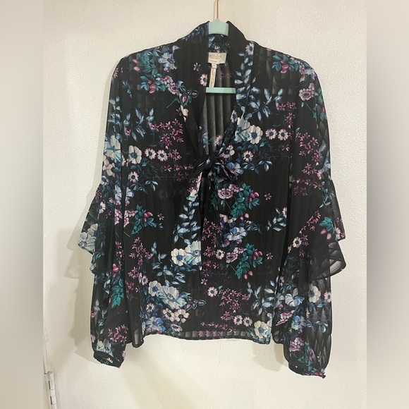 Laundry by Shelley Segal printed blouse Sz 8 chiffon long sleeve front front tie - Picture 1 of 4